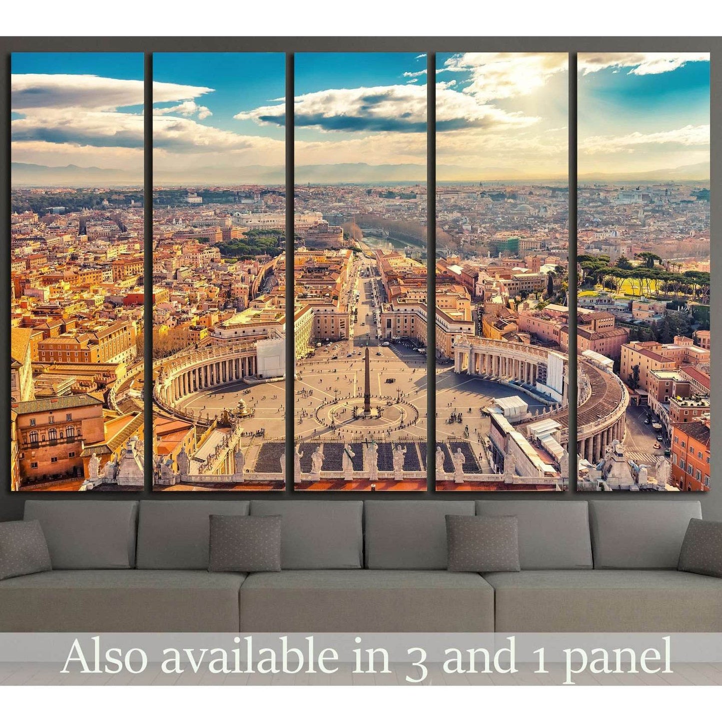 Saint Peter's Square Vatican Rome canvas print in a multi-panel living room mockup