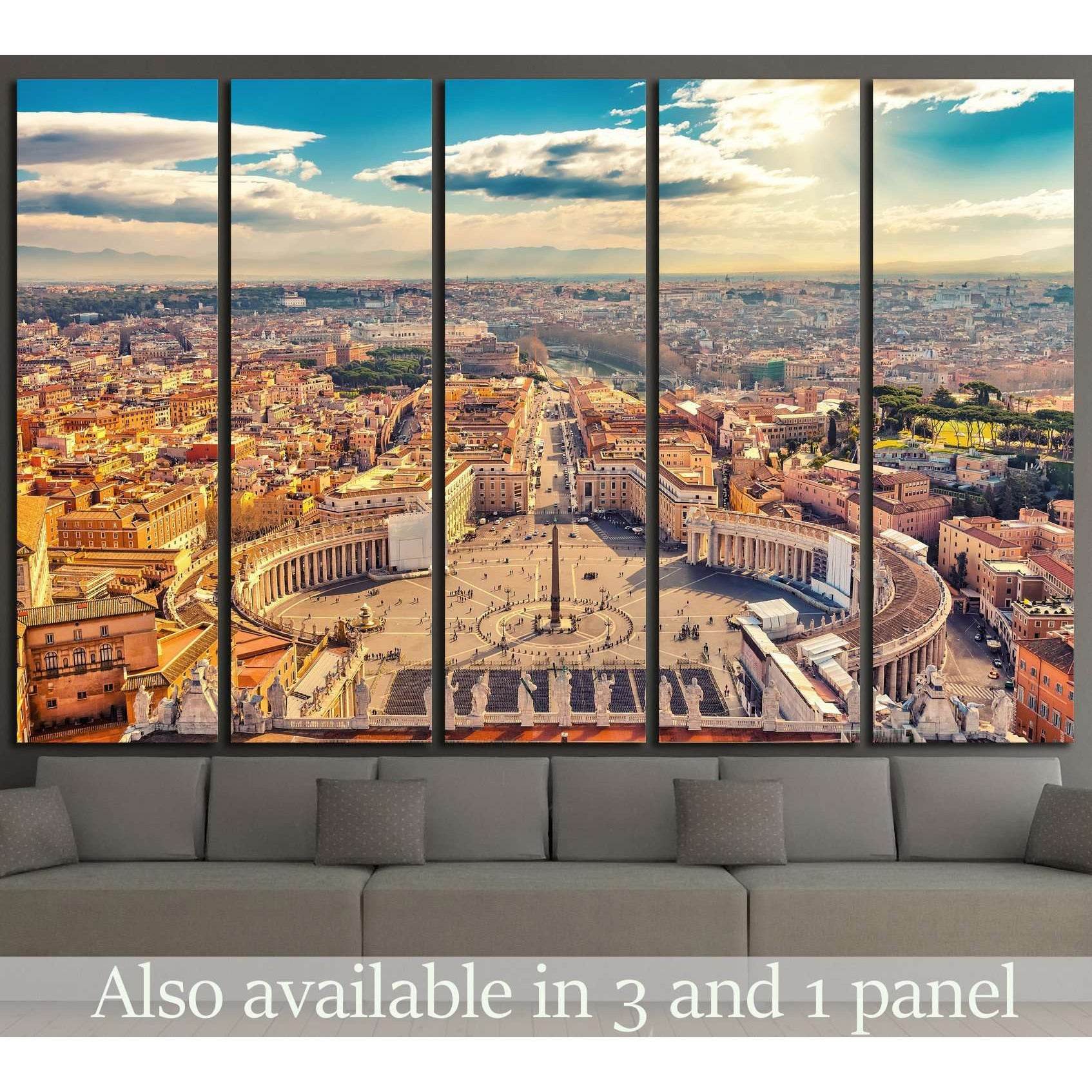 Saint Peter's Square Vatican Rome canvas print in a multi-panel living room mockup