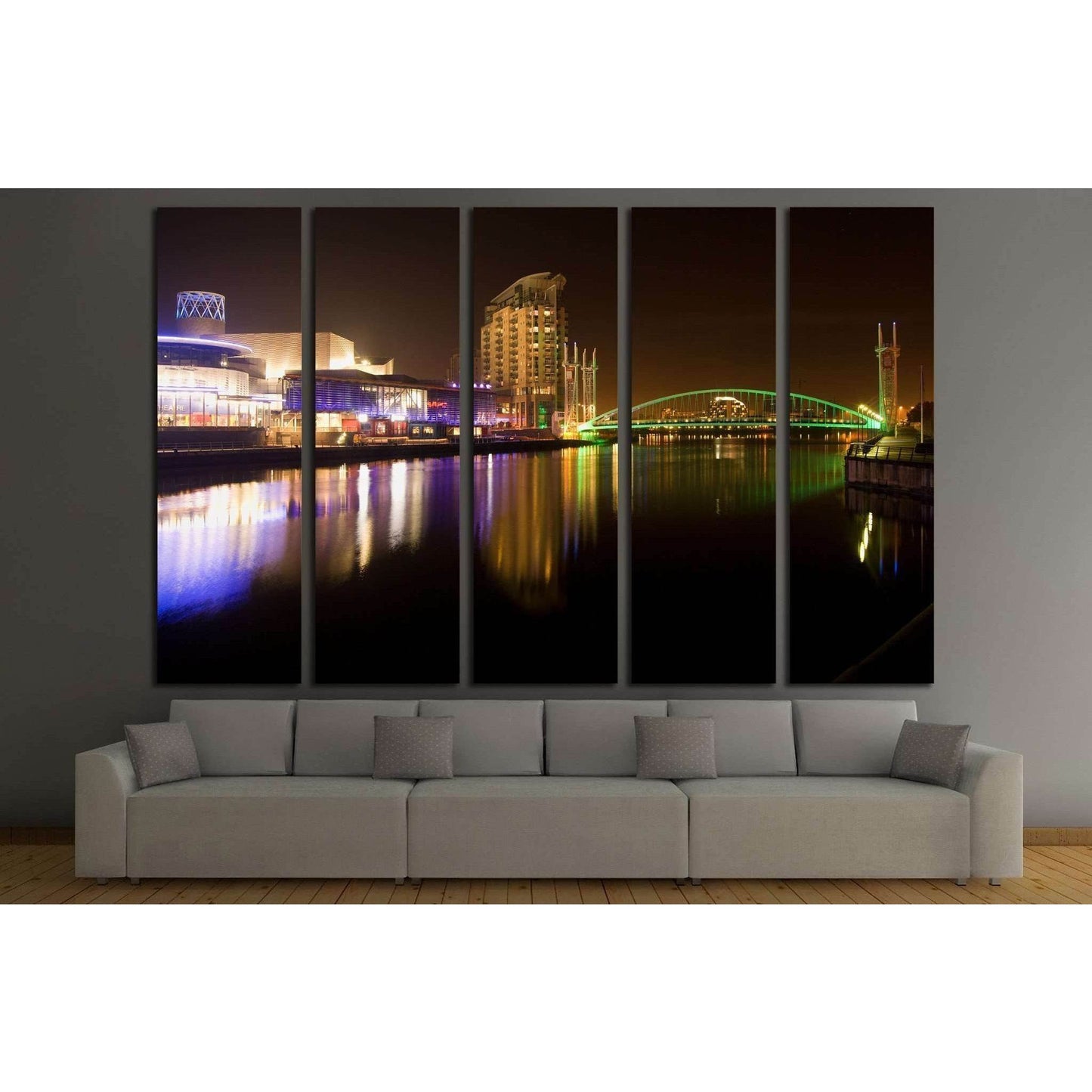 Salford quays and MediaCity at night, millennium lift bridge, Manchester city, United Kingdom №2094 Ready to Hang Canvas Print - Zellart Canvas Prints ALL_Products, s-2094