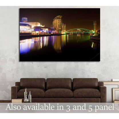 Salford quays and MediaCity at night, millennium lift bridge, Manchester city, United Kingdom №2094 Ready to Hang Canvas Print - Zellart Canvas Prints ALL_Products, s-2094