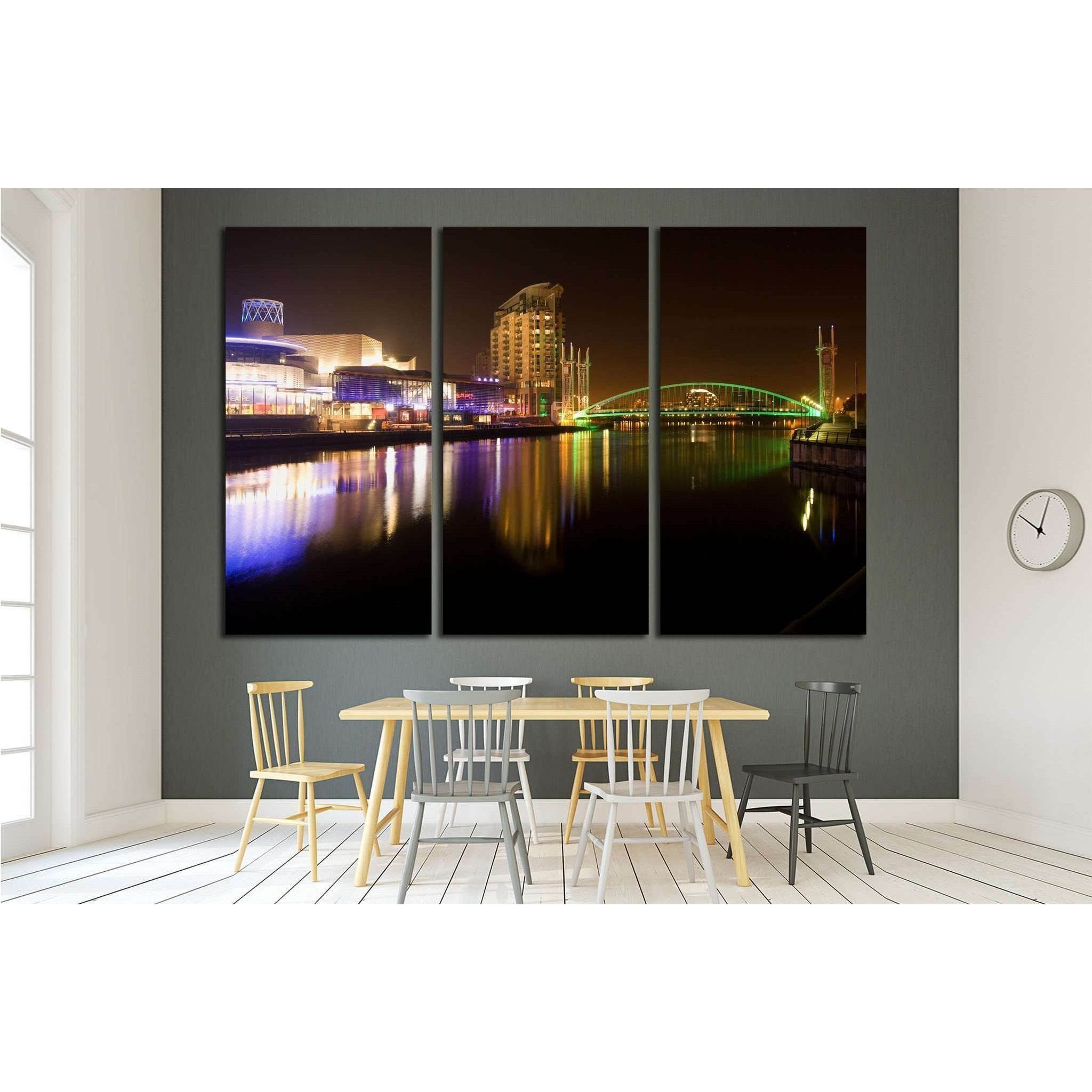 Salford quays and MediaCity at night, millennium lift bridge, Manchester city, United Kingdom №2094 Ready to Hang Canvas Print