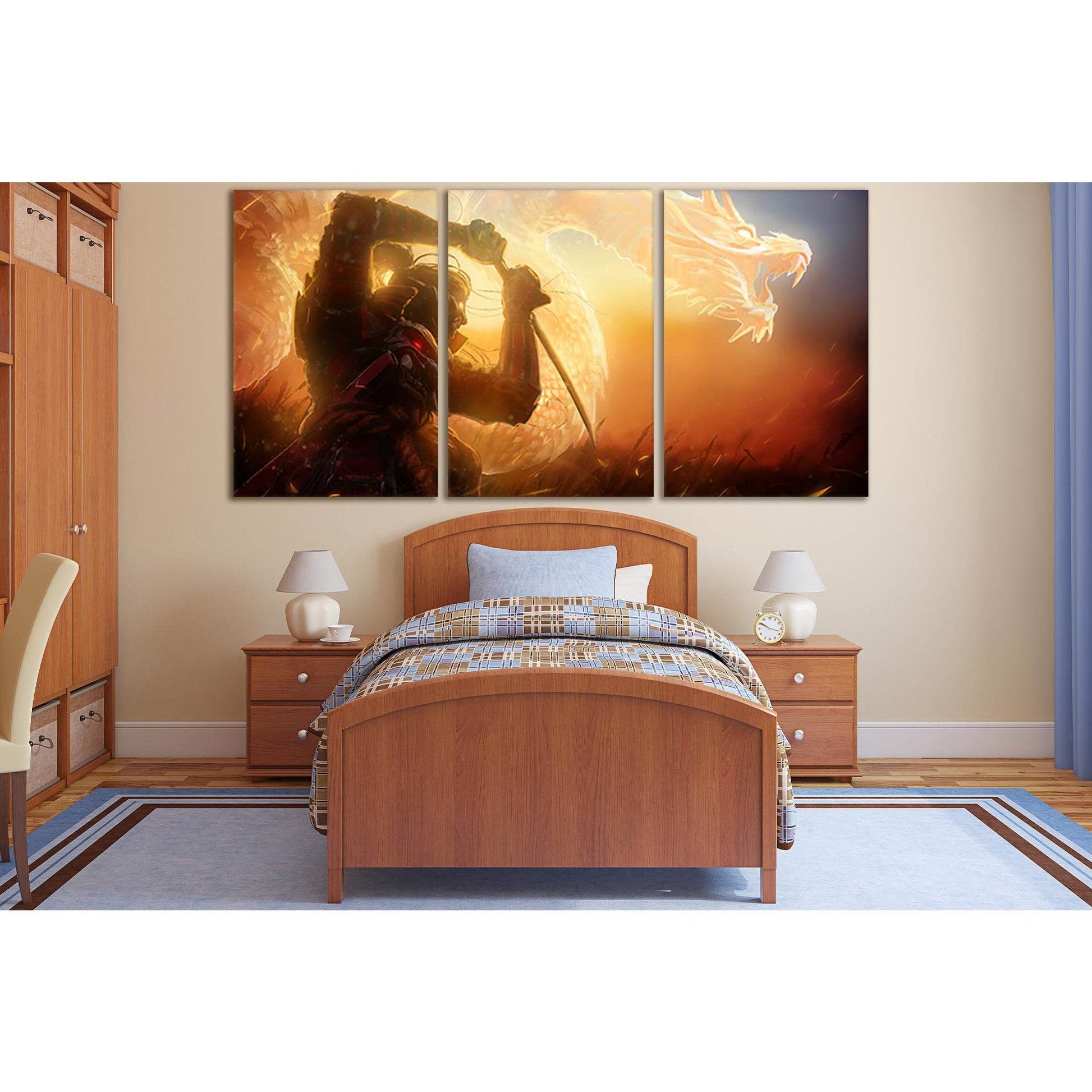 Samurai And Golden Dragon №SL1235 Ready to Hang Canvas Print - Zellart Canvas Prints 0new, ALL_Products, Fantasy And Sci Fi Wall Art