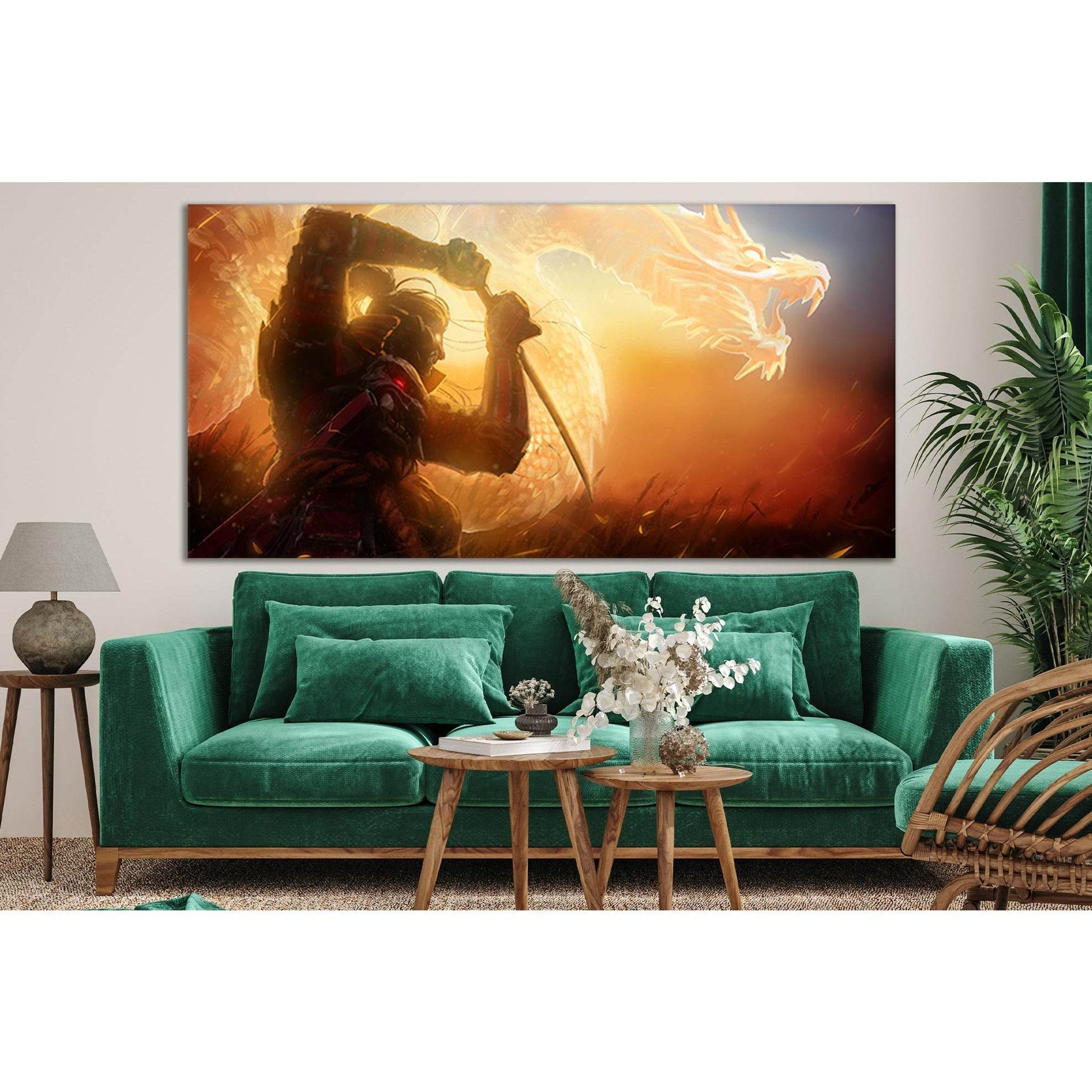 Samurai And Golden Dragon №SL1235 Ready to Hang Canvas Print - Zellart Canvas Prints 0new, ALL_Products, Fantasy And Sci Fi Wall Art