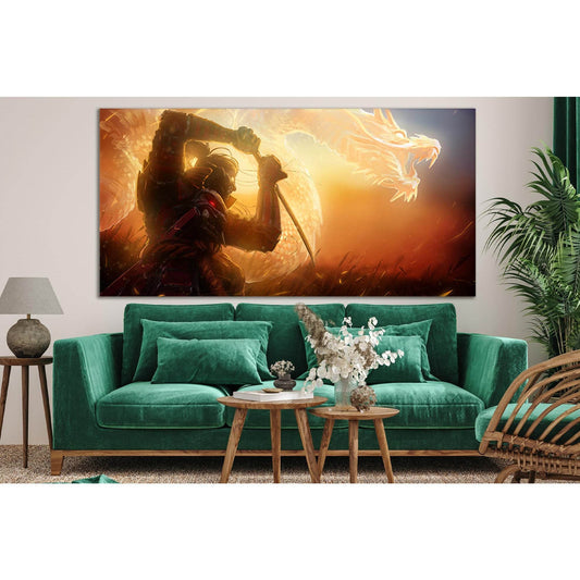 Samurai And Golden Dragon №SL1235 Ready to Hang Canvas Print - Zellart Canvas Prints 0new, ALL_Products, Fantasy And Sci Fi Wall Art