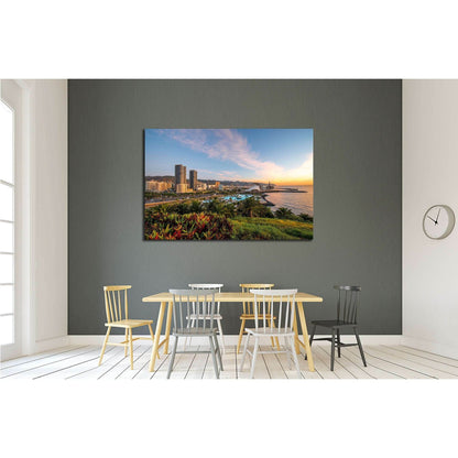 Santa Cruz cityscape view on residential buildings and offices with park and mountains on the sunrise, Canary islands, Spain №2306 Ready to Hang Canvas Print - Zellart Canvas Prints ALL_Products, s-2306