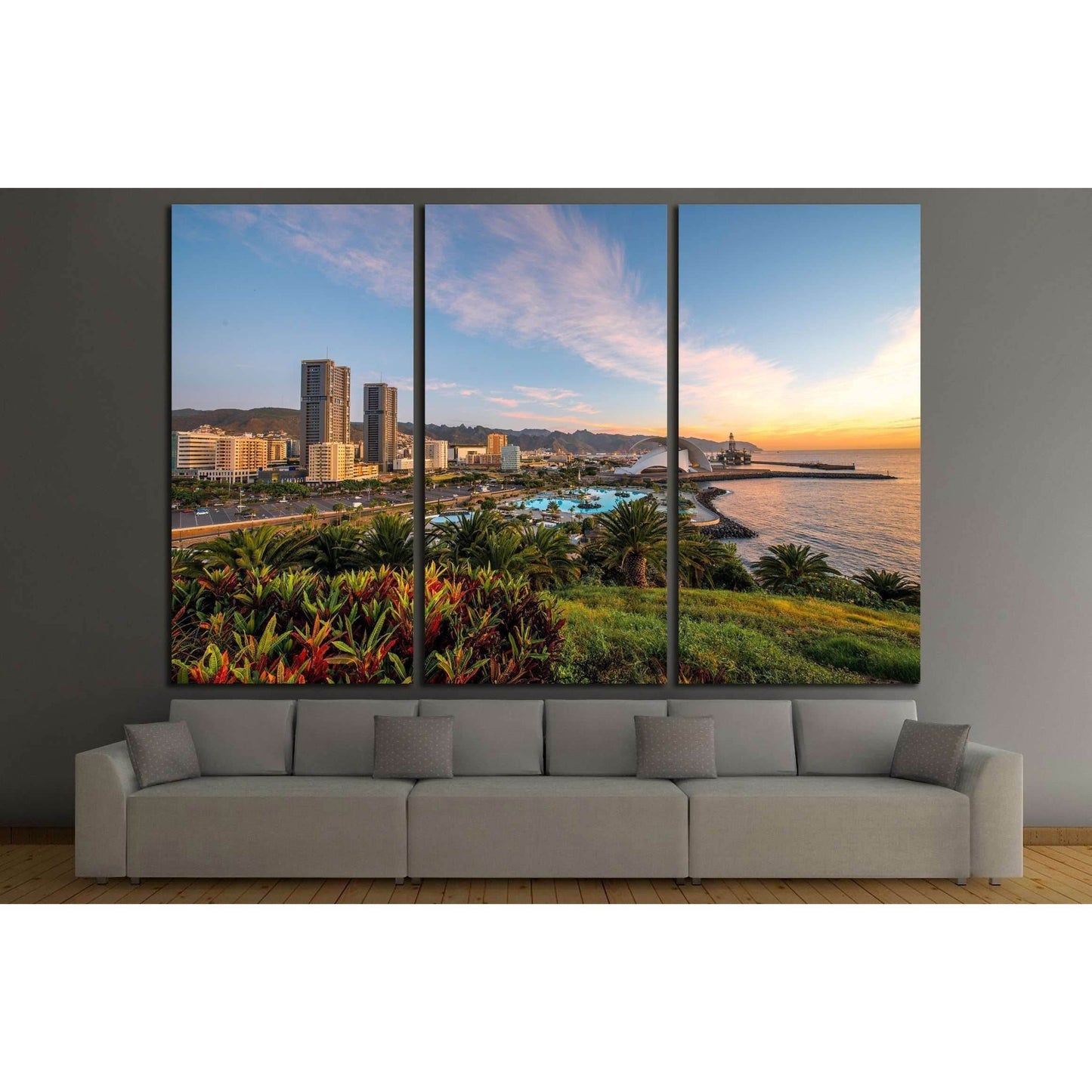 Santa Cruz cityscape view on residential buildings and offices with park and mountains on the sunrise, Canary islands, Spain №2306 Ready to Hang Canvas PrintCanvas art arrives ready to hang, with hanging accessories included and no additional framing requ