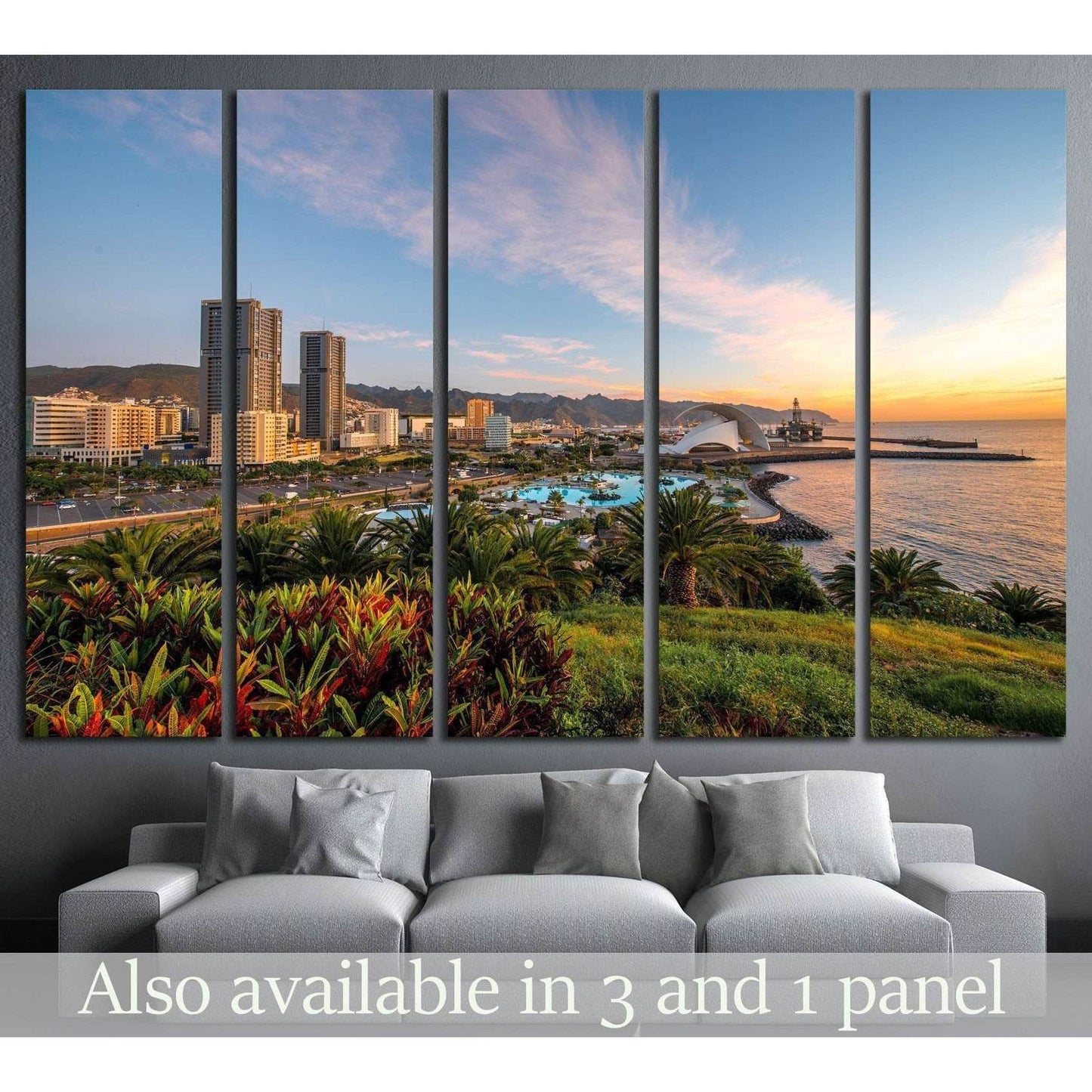 Santa Cruz cityscape view on residential buildings and offices with park and mountains on the sunrise, Canary islands, Spain №2306 Ready to Hang Canvas PrintCanvas art arrives ready to hang, with hanging accessories included and no additional framing requ