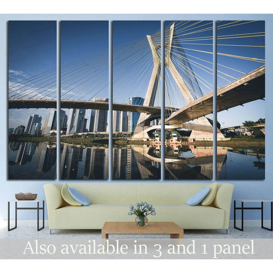 Sao Paulo Ponte Estaiada bridge canvas print with skyline reflection displayed above sofa