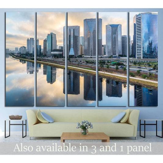 Sao Paulo skyline canvas print with mirrored skyscrapers above a sofa in a modern living room