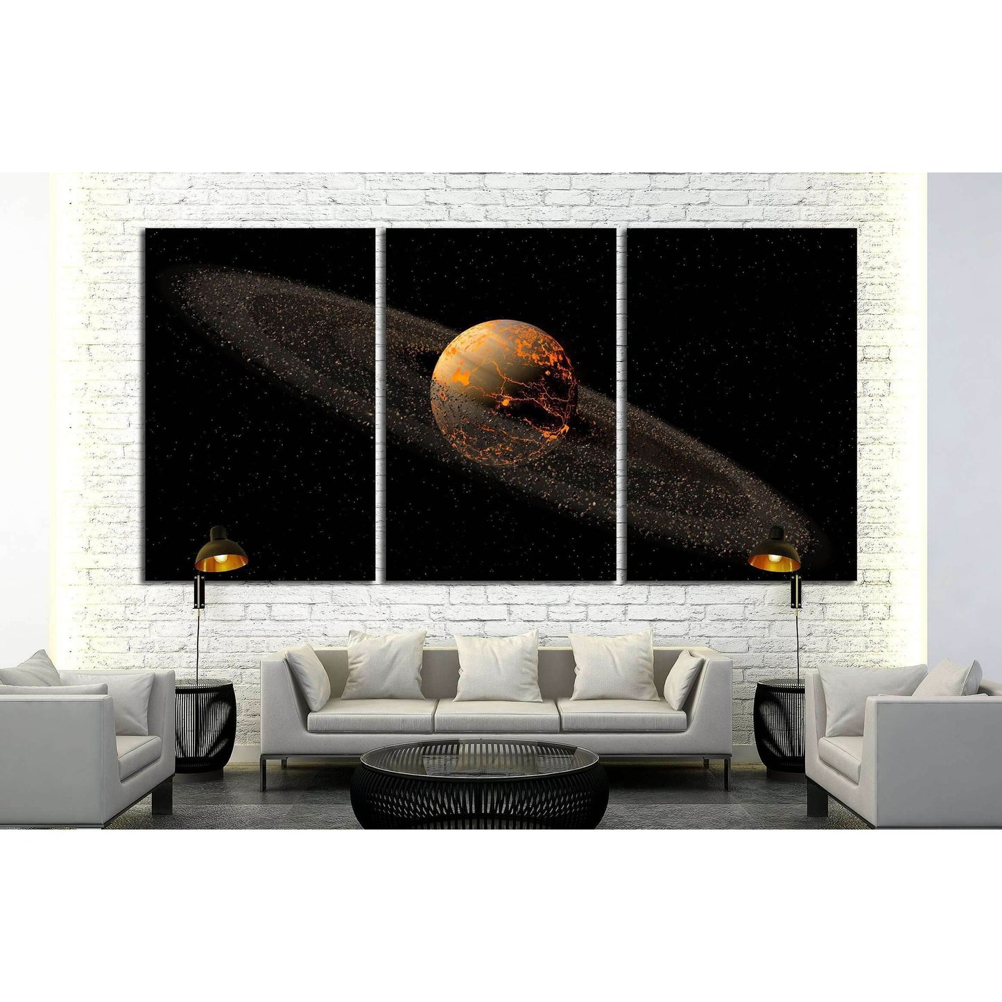 Saturn like planet with asteroid rings and hot lava cracks for a space illustration №2459 Ready to Hang Canvas Print - Zellart Canvas Prints ALL_Products, s-2459