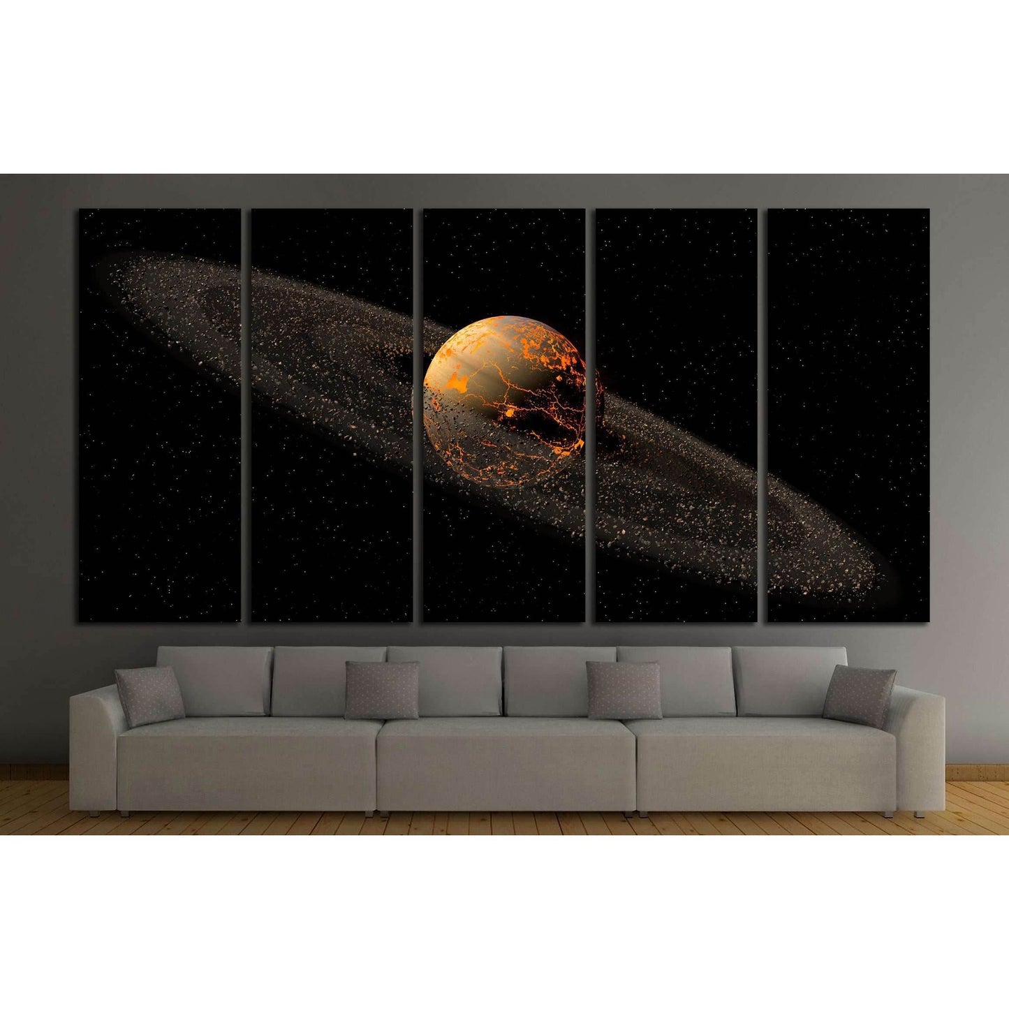 Saturn like planet with asteroid rings and hot lava cracks for a space illustration №2459 Ready to Hang Canvas Print - Zellart Canvas Prints ALL_Products, s-2459