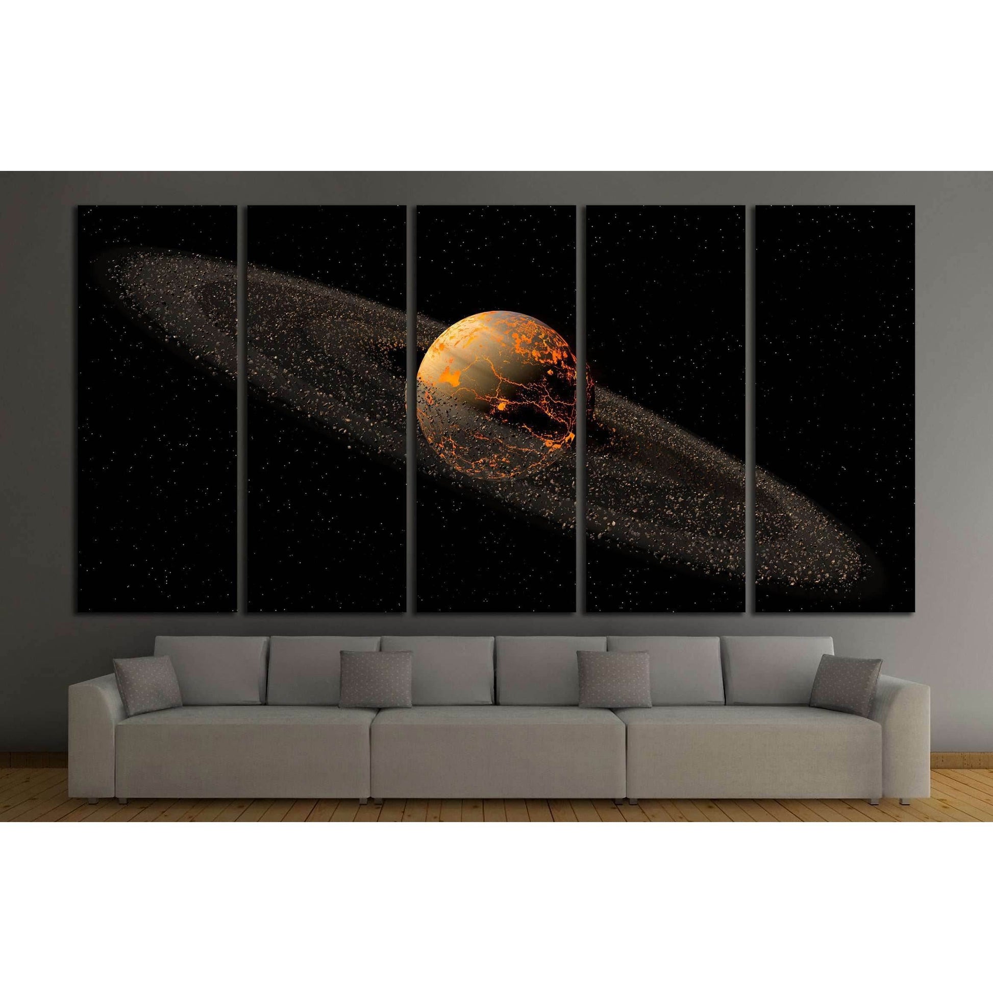 Saturn like planet with asteroid rings and hot lava cracks for a space illustration №2459 Ready to Hang Canvas Print - Zellart Canvas Prints ALL_Products, s-2459