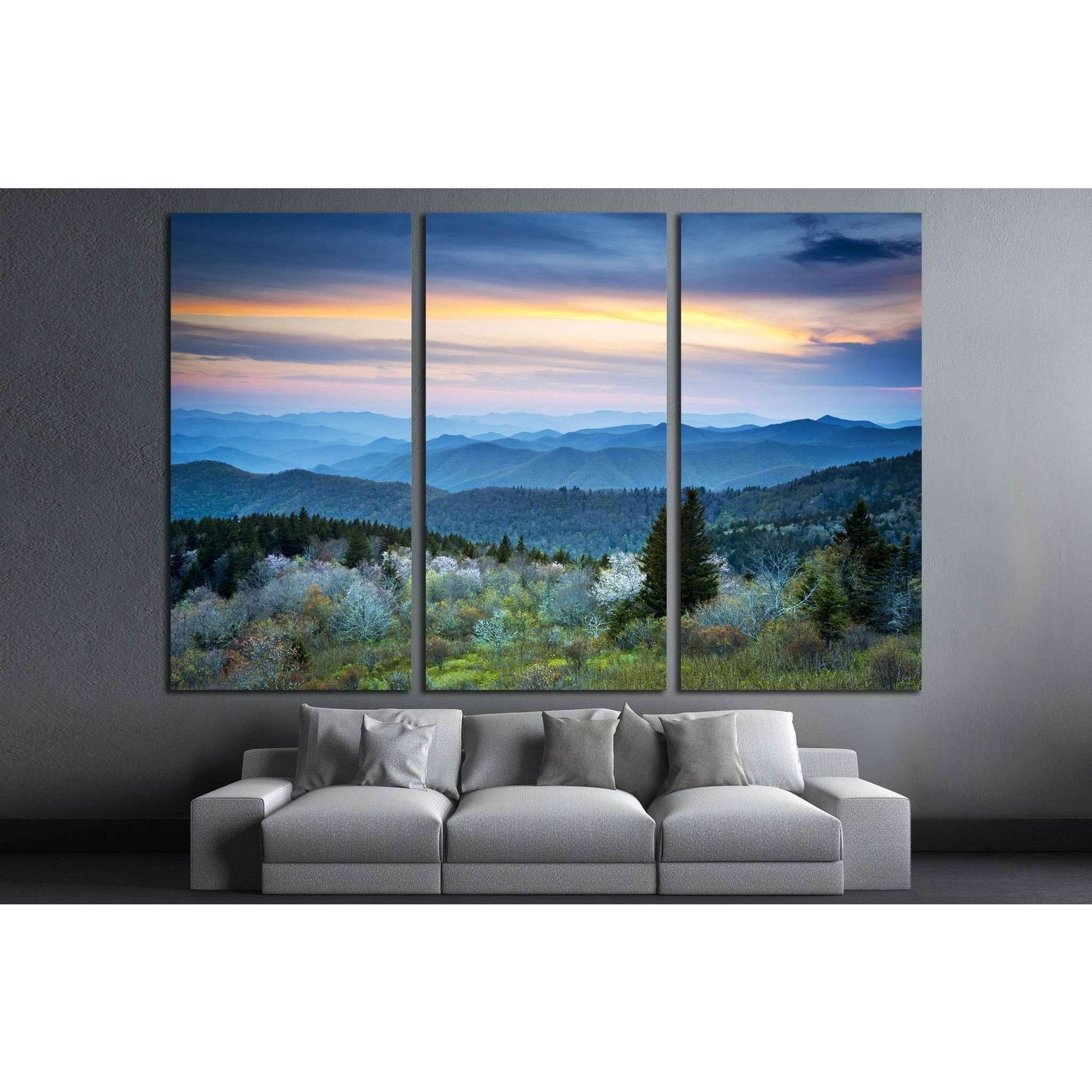 Calming Mountain Twilight Artwork for Spa Interior DesignThis canvas print captures a serene twilight scene over a layered mountain landscape, bathed in soft dusk light, ideal for creating a calming ambiance in spaces intended for relaxation or contemplat