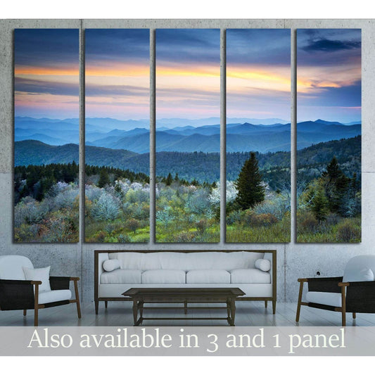 Calming Mountain Twilight Artwork for Spa Interior DesignThis canvas print captures a serene twilight scene over a layered mountain landscape, bathed in soft dusk light, ideal for creating a calming ambiance in spaces intended for relaxation or contemplat