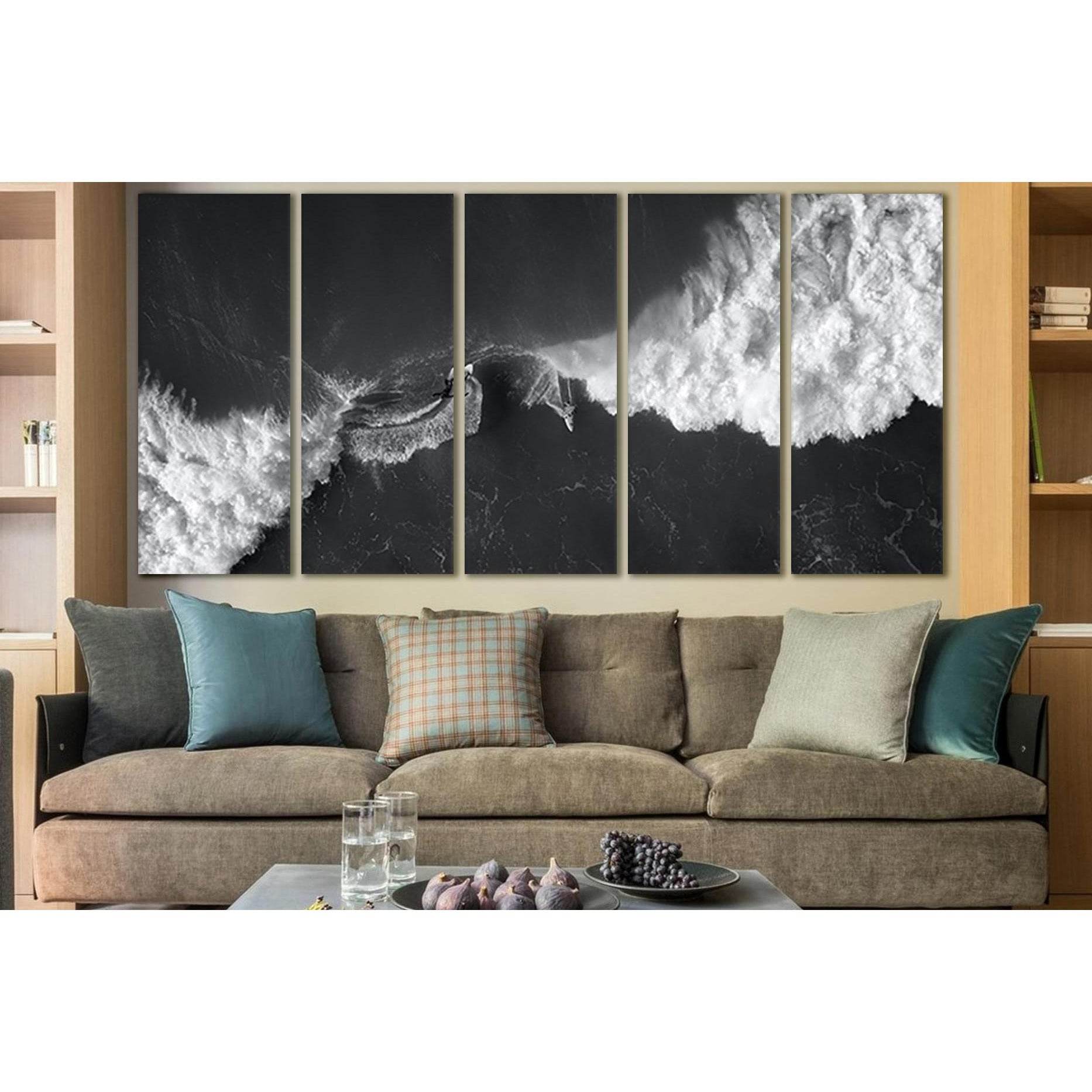 Sea Waves & Surfers №SL851 Ready to Hang Canvas Print - Zellart Canvas Prints 0new, ALL_Products, Black & White Wall Art