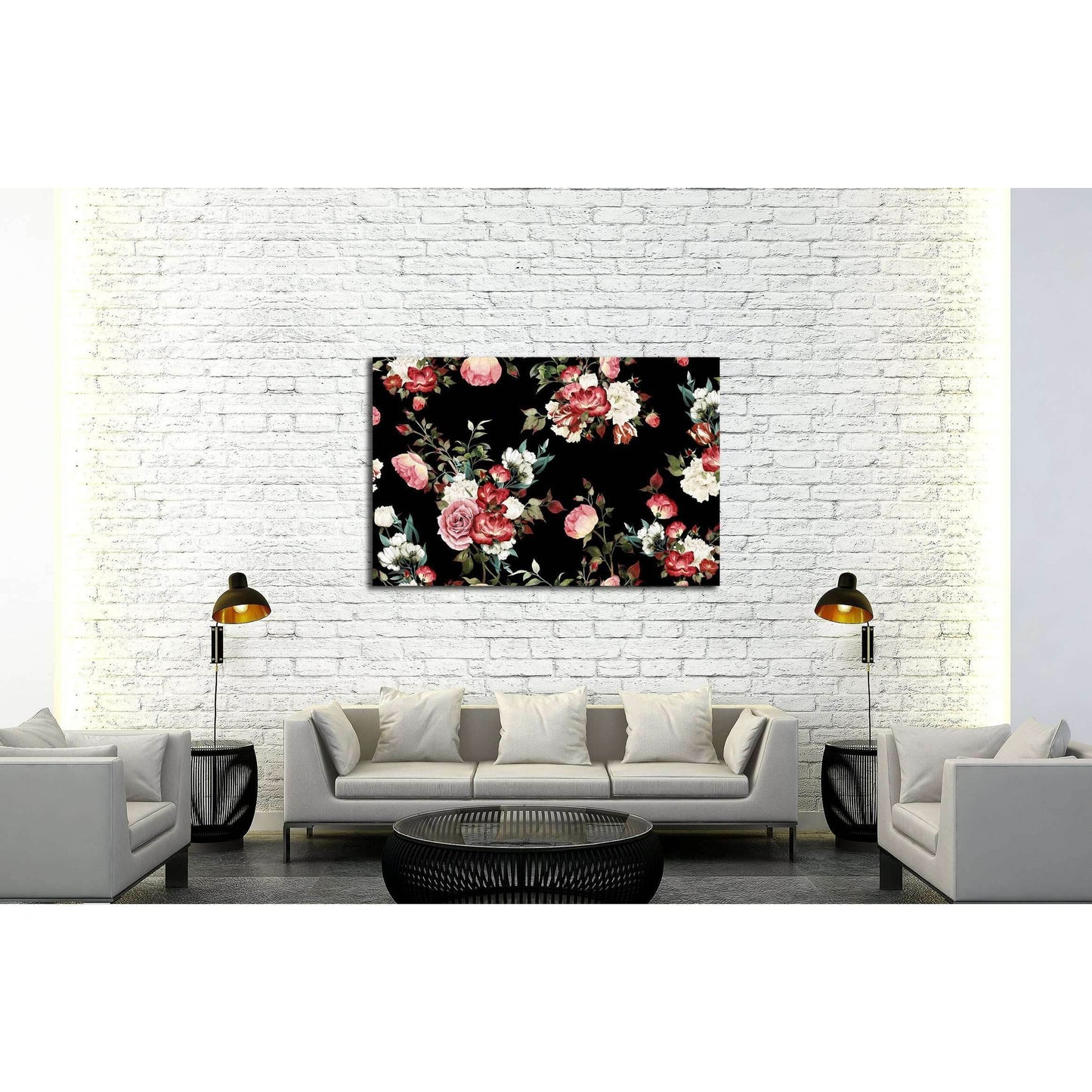 Seamless floral pattern with roses, watercolor №3274 Ready to Hang Canvas Print - Zellart Canvas Prints ALL_Products, s-3274