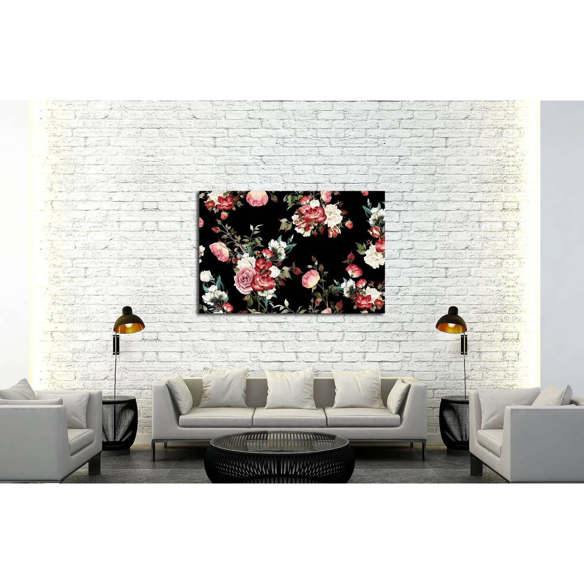 Seamless floral pattern with roses, watercolor №3274 Ready to Hang Canvas Print - Zellart Canvas Prints ALL_Products, s-3274