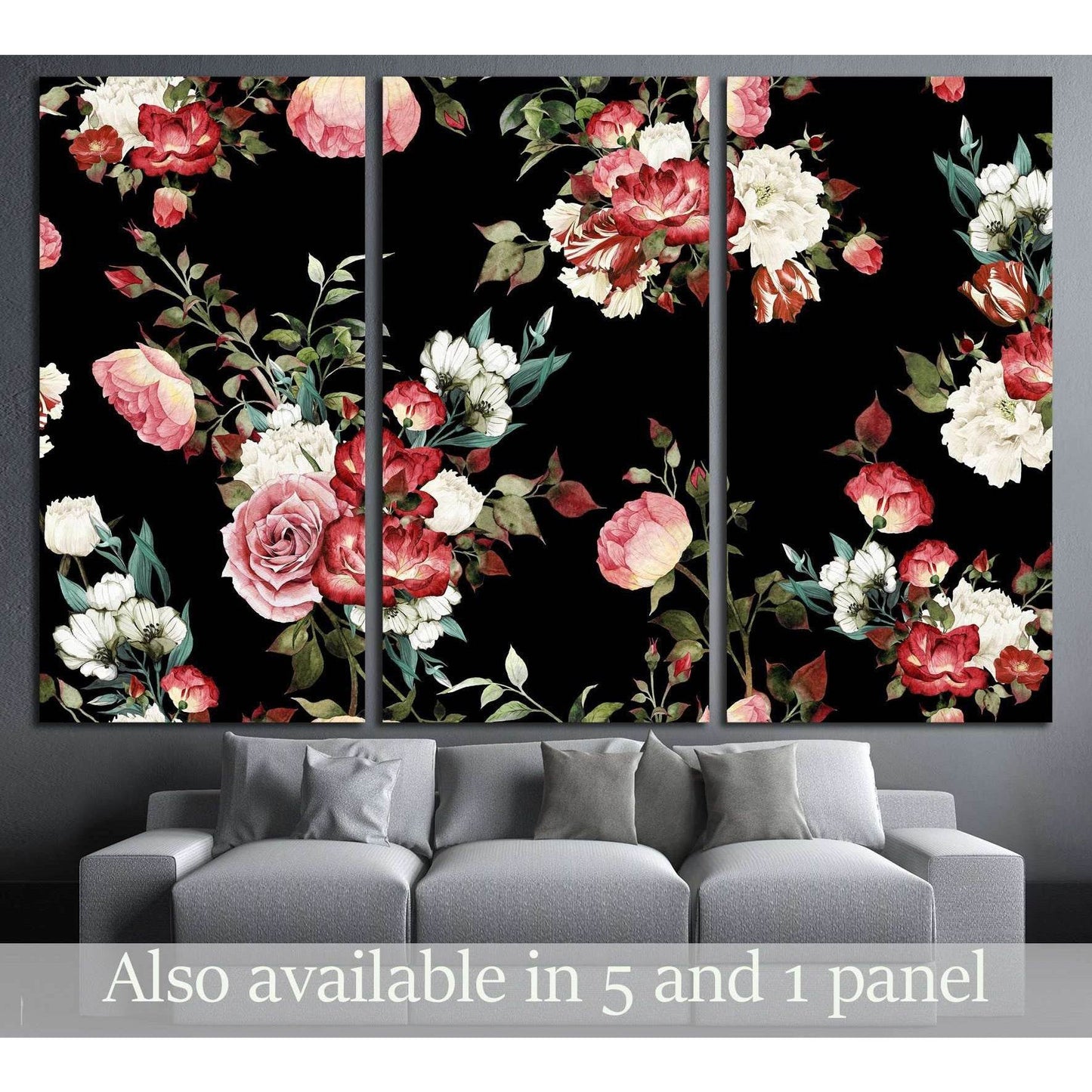 Seamless floral pattern with roses, watercolor №3274 Ready to Hang Canvas Print - Zellart Canvas Prints ALL_Products, s-3274