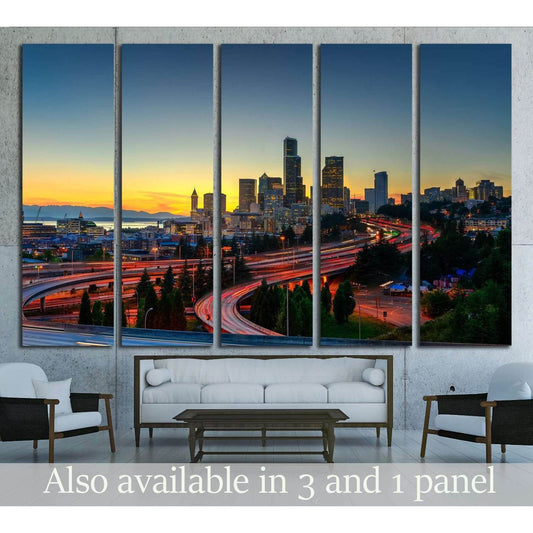 Seattle skylines and highway traffic motion in the sunset. The view from Rizal Park in Seattle, Washington, US №2180 Ready to Hang Canvas Print - Zellart Canvas Prints ALL_Products, s-2180
