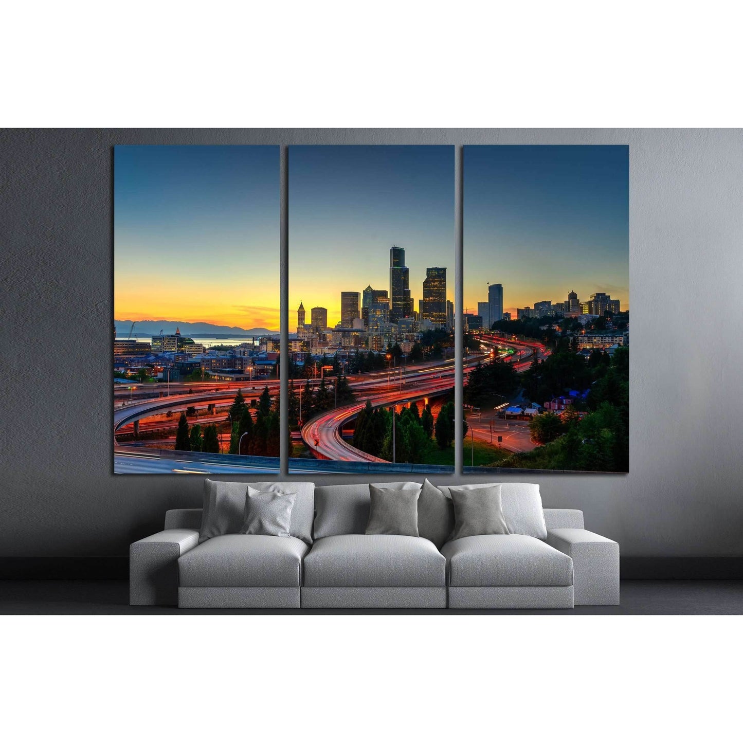 Seattle skylines and highway traffic motion in the sunset. The view from Rizal Park in Seattle, Washington, US №2180 Ready to Hang Canvas PrintCanvas art arrives ready to hang, with hanging accessories included and no additional framing required. Every ca
