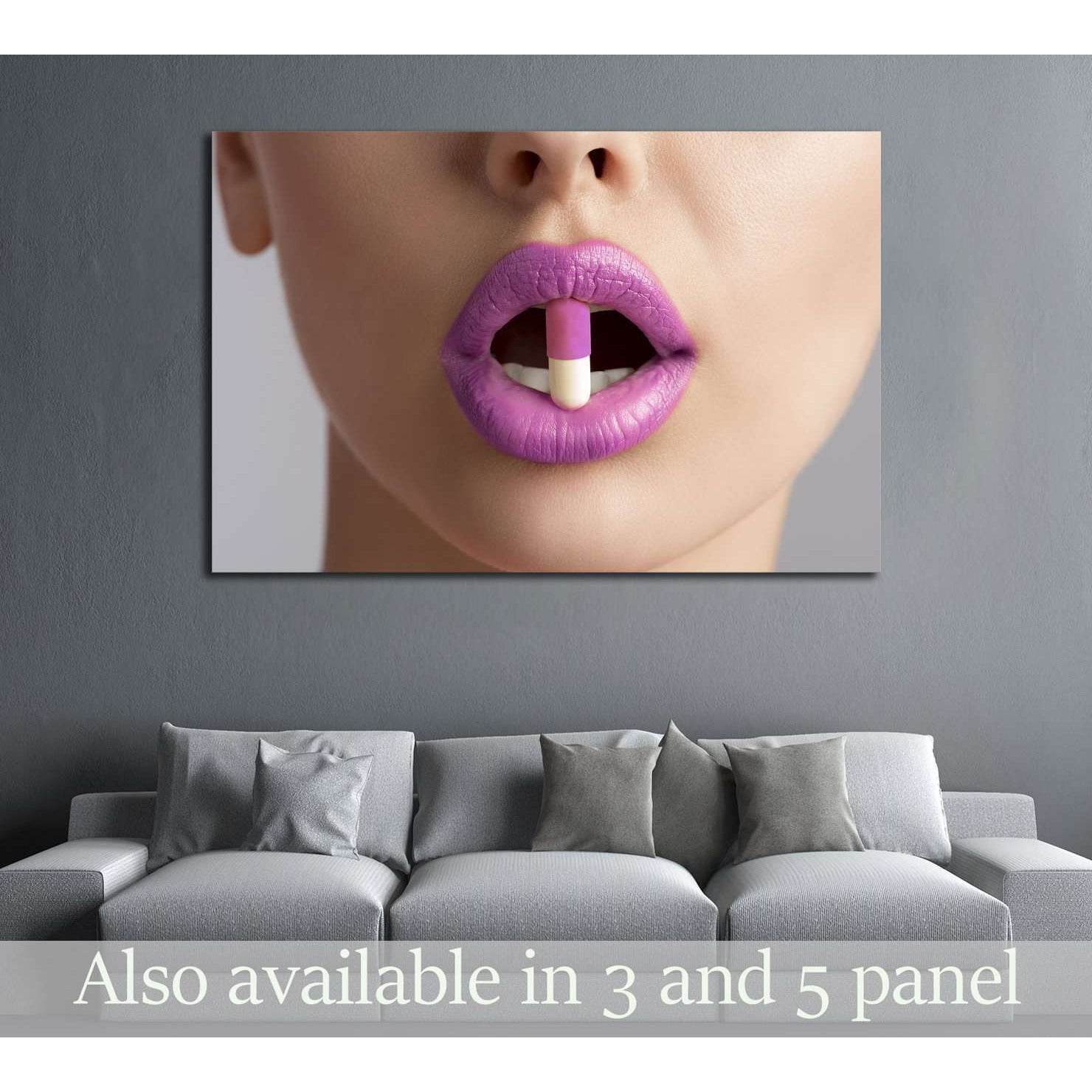 sensual female mouth in close-up portrait with coloured pill between lips №2773 Ready to Hang Canvas PrintCanvas art arrives ready to hang, with hanging accessories included and no additional framing required. Every canvas print is hand-crafted, made on-d