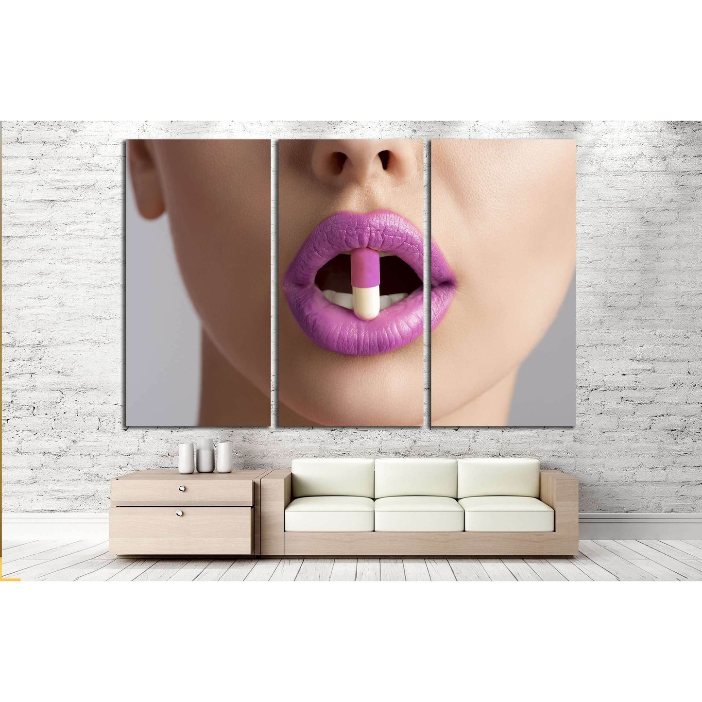 sensual female mouth in close-up portrait with coloured pill between lips №2773 Ready to Hang Canvas PrintCanvas art arrives ready to hang, with hanging accessories included and no additional framing required. Every canvas print is hand-crafted, made on-d