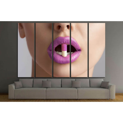 sensual female mouth in close-up portrait with coloured pill between lips №2773 Ready to Hang Canvas Print - Zellart Canvas Prints ALL_Products, s-2773