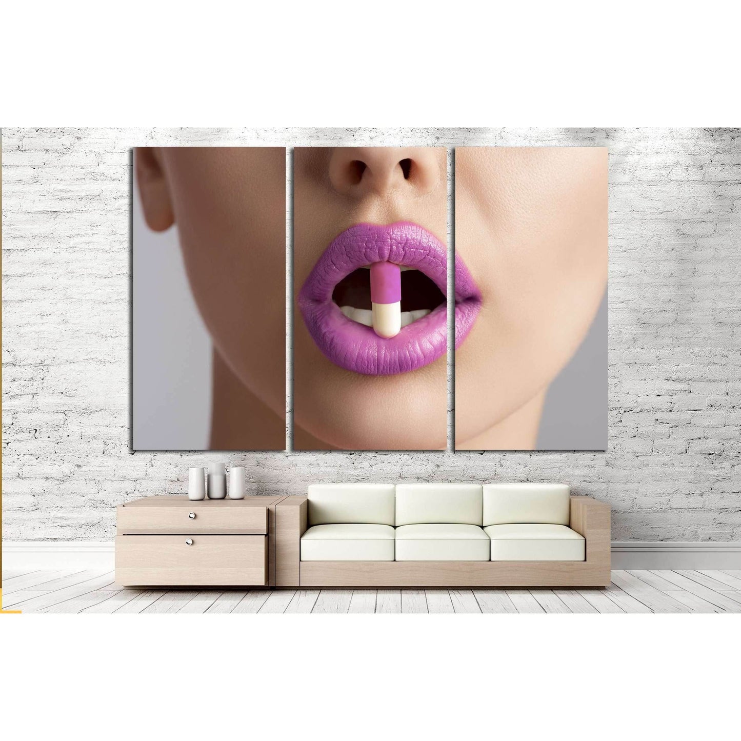 sensual female mouth in close-up portrait with coloured pill between lips №2773 Ready to Hang Canvas Print - Zellart Canvas Prints ALL_Products, s-2773