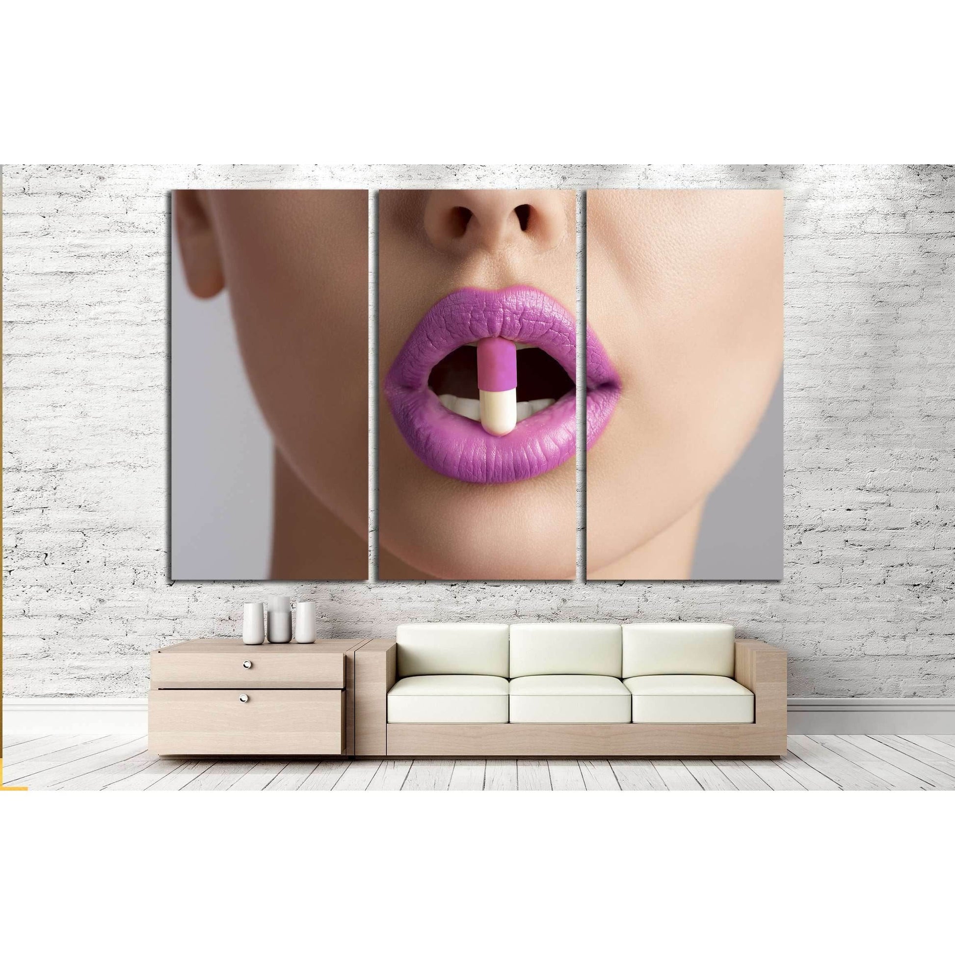 sensual female mouth in close-up portrait with coloured pill between lips №2773 Ready to Hang Canvas Print - Zellart Canvas Prints ALL_Products, s-2773