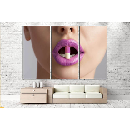 sensual female mouth in close-up portrait with coloured pill between lips №2773 Ready to Hang Canvas Print - Zellart Canvas Prints ALL_Products, s-2773