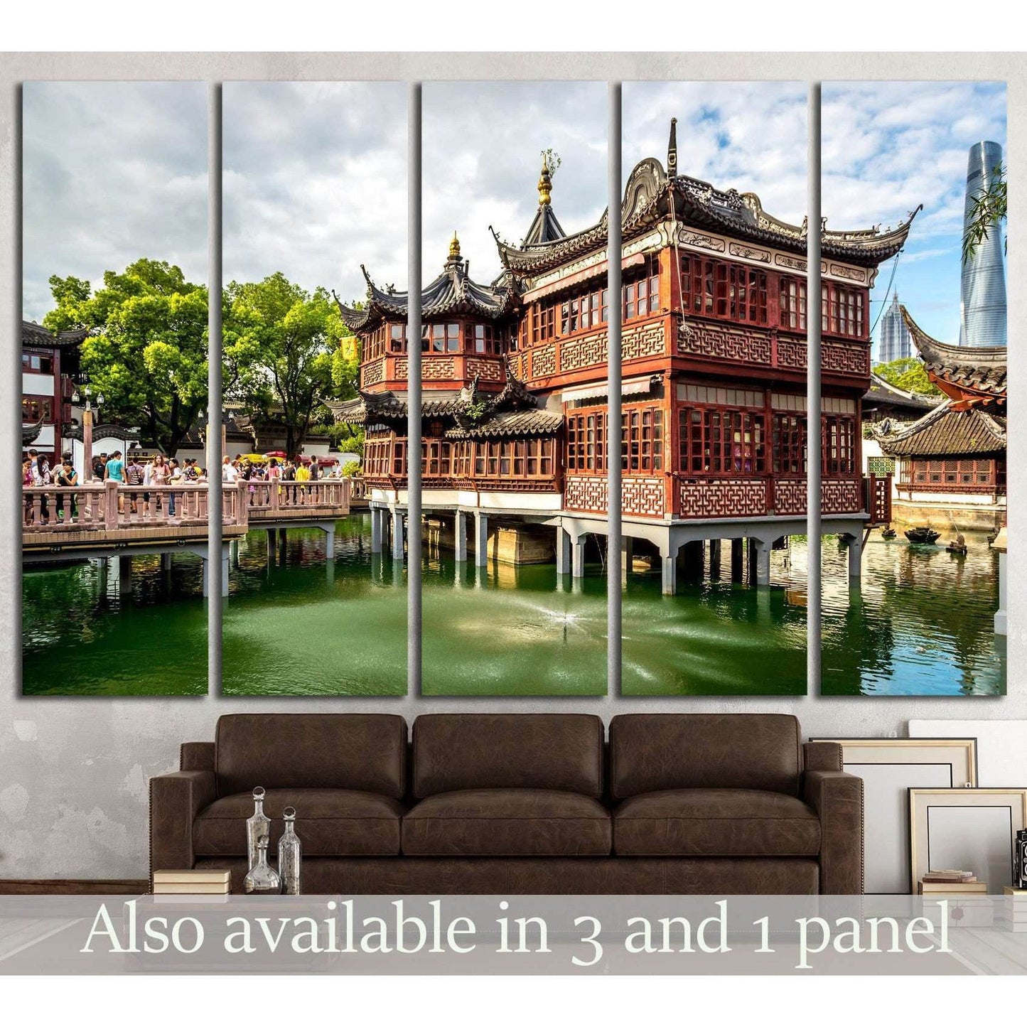 Shanghai pavilion canvas print of a traditional Chinese teahouse above green water in a modern living room