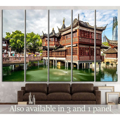 Shanghai pavilion canvas print of a traditional Chinese teahouse above green water in a modern living room