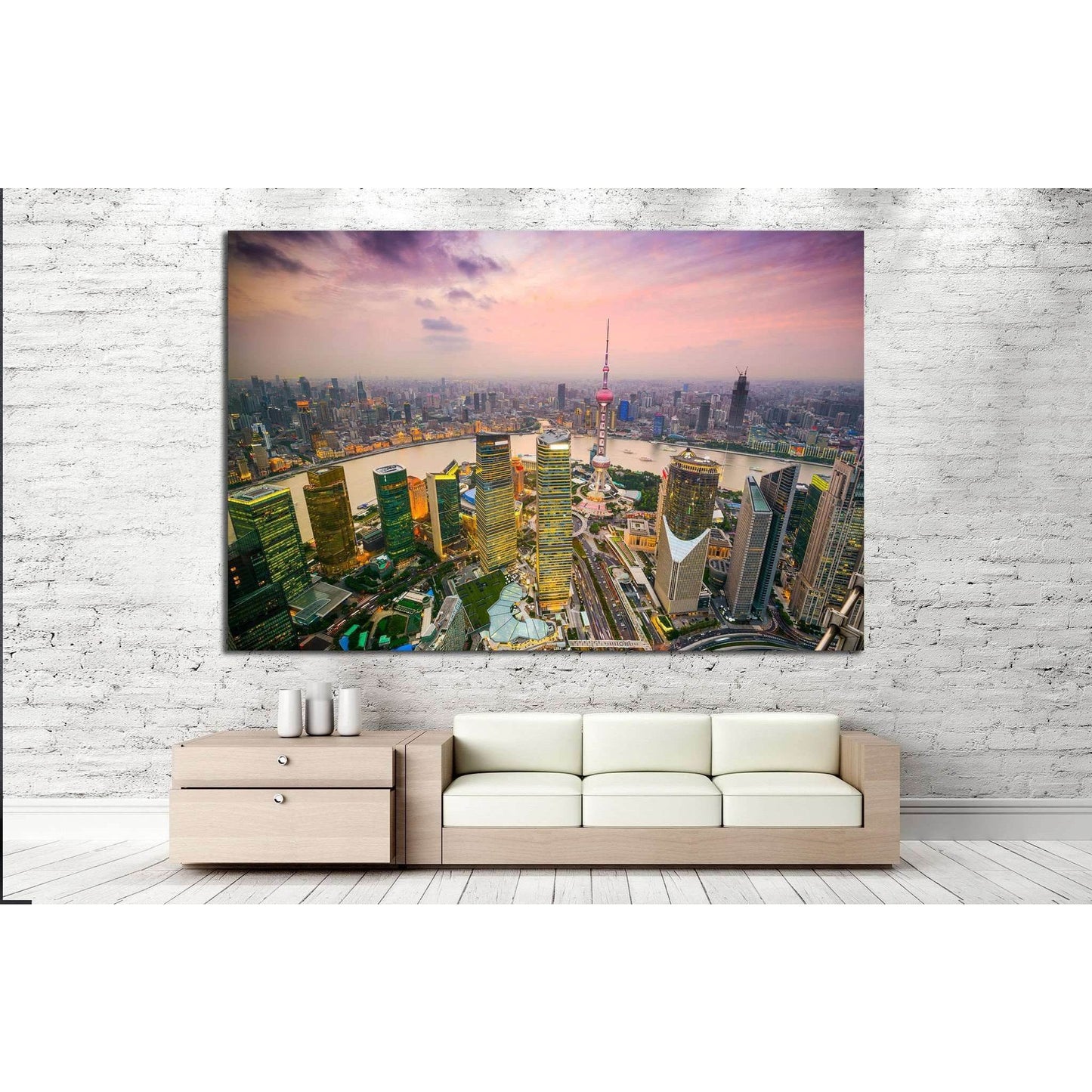 Shanghai, China, Financial District and Huangpu River №1524 Ready to Hang Canvas Print - Zellart Canvas Prints ALL_Products, s-1524