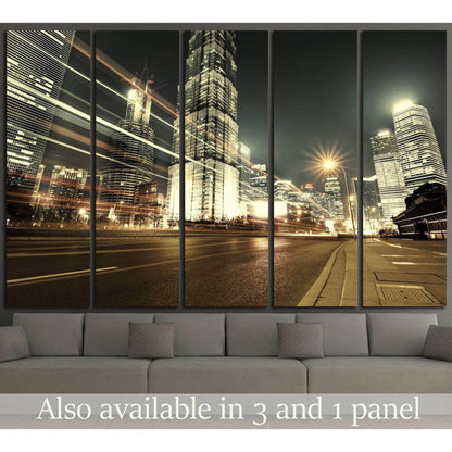 Shanghai Lujiazui skyline canvas print with golden night towers displayed above a sofa