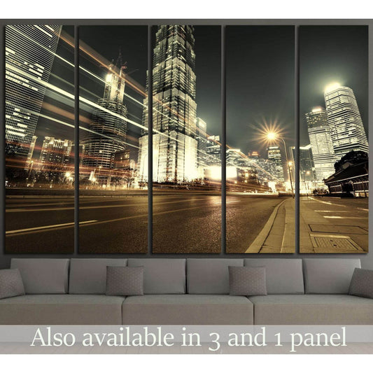 Shanghai Lujiazui skyline canvas print with golden night towers displayed above a sofa