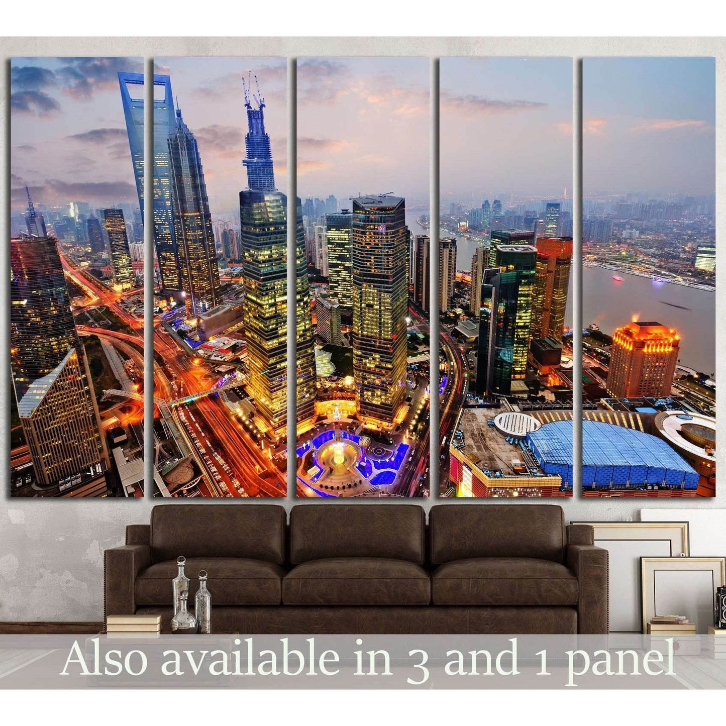 Shanghai Lujiazui skyline canvas print above a sofa with Huangpu River and illuminated towers at dusk
