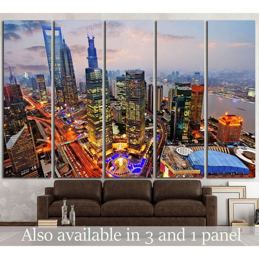 Shanghai Lujiazui skyline canvas print above a sofa with Huangpu River and illuminated towers at dusk