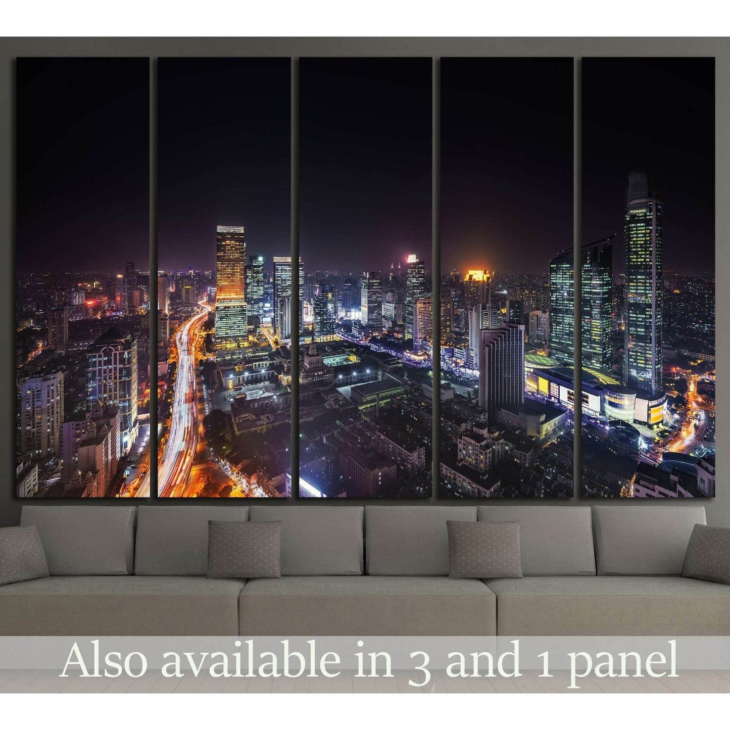 Shanghai skyline night canvas print with glowing city lights above a sofa in a modern living room