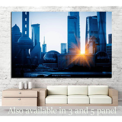Shanghai skyline canvas print with Oriental Pearl Tower at sunrise above a modern sofa