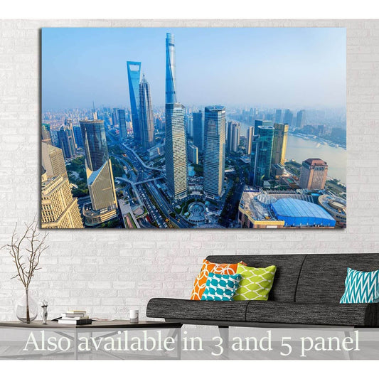 Shanghai skyline canvas print with Pudong skyscrapers above sofa in a modern living room