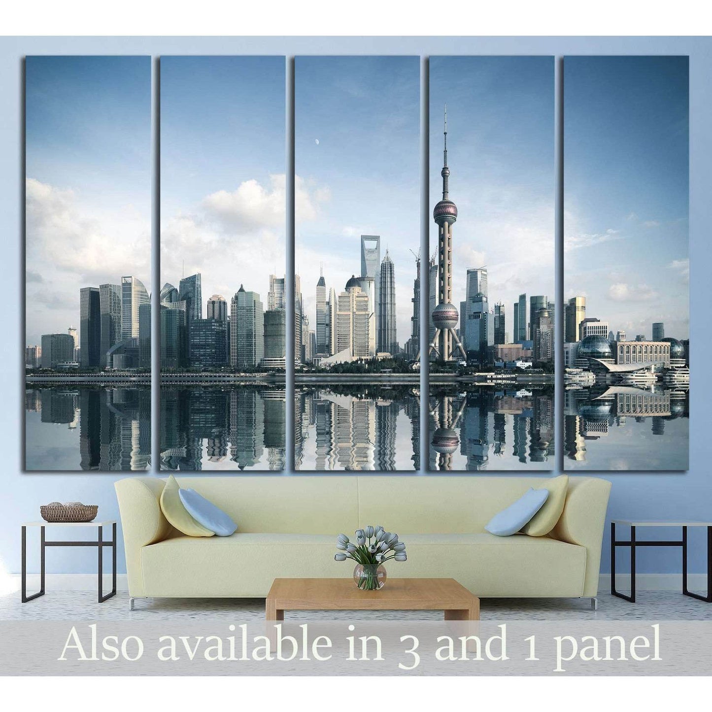 Shanghai skyline canvas print with river reflection hung above sofa in a modern living room