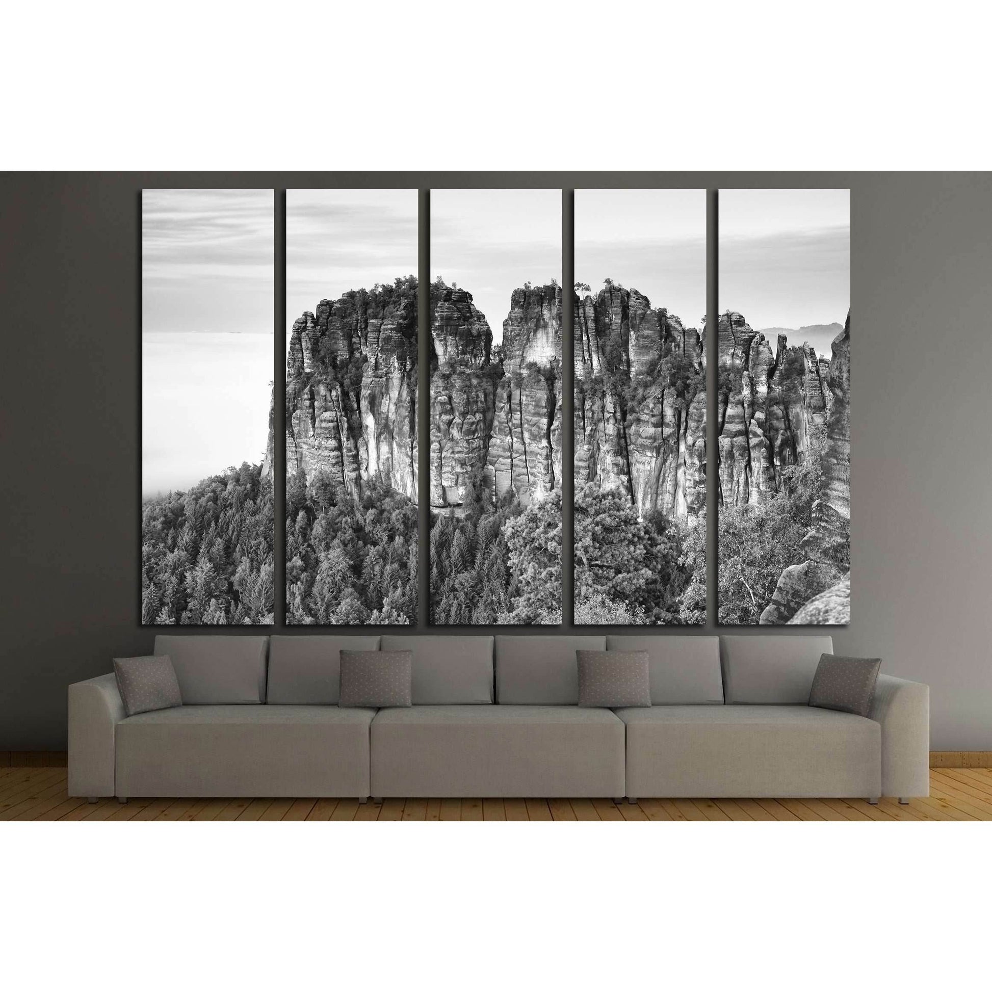 Sharp sandstone cliffs of Schrammsteine rocks above deep valley №3169 Ready to Hang Canvas Print - Zellart Canvas Prints ALL_Products, s-3169