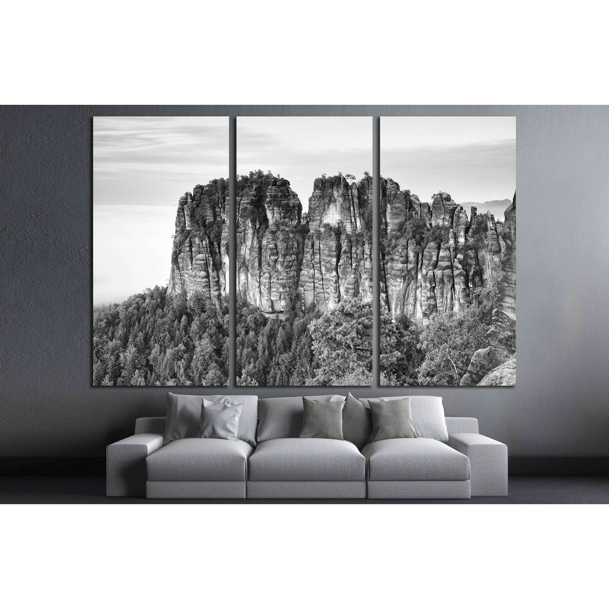 Sharp sandstone cliffs of Schrammsteine rocks above deep valley №3169 Ready to Hang Canvas PrintCanvas art arrives ready to hang, with hanging accessories included and no additional framing required. Every canvas print is hand-crafted, made on-demand at o