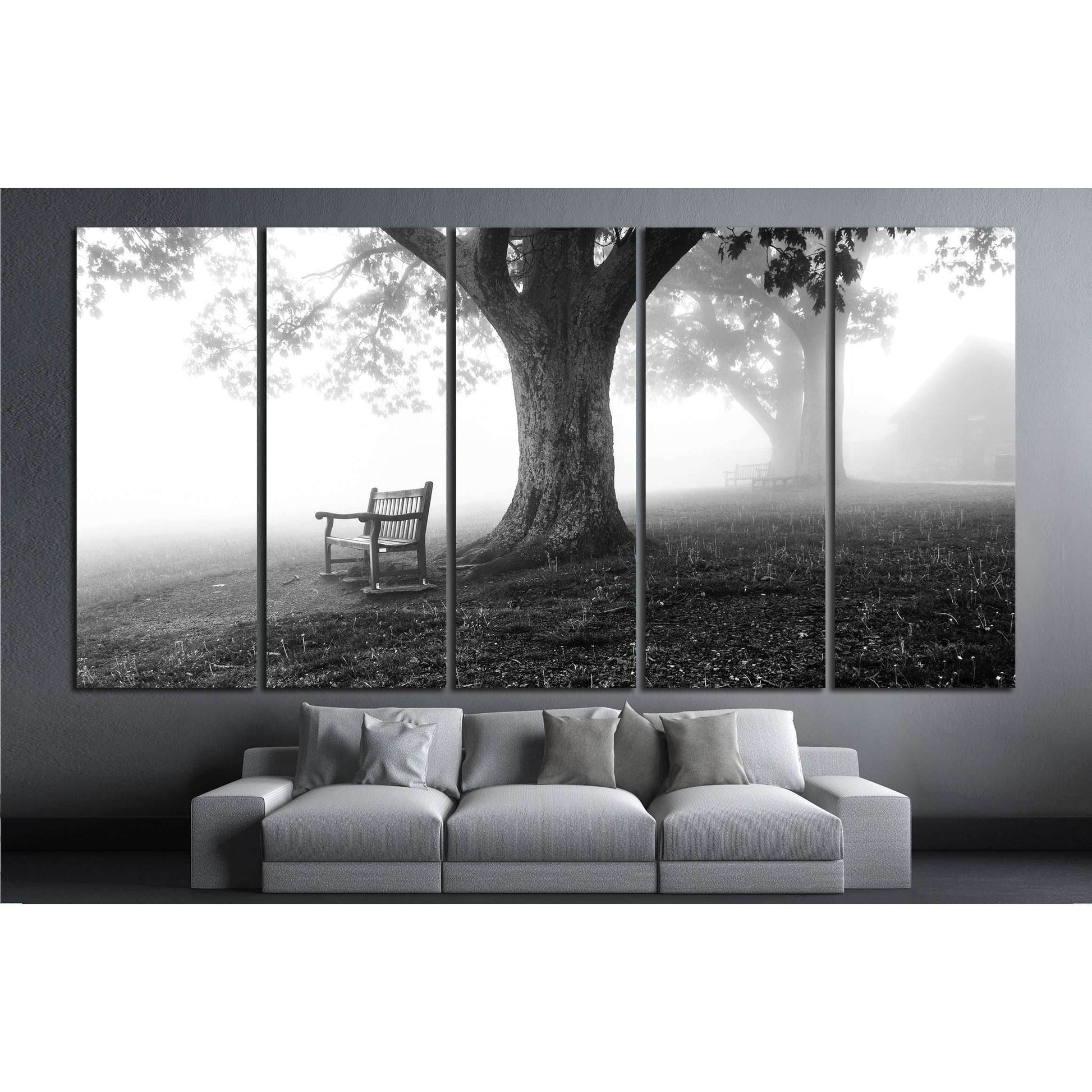 Shenandoah Park Misty Morning Canvas Print - B&W Nature Wall ArtThis canvas print captures a serene monochromatic scene from Shenandoah National Park, depicting a solitary bench under a large tree, enveloped in mist. The image conveys a sense of peaceful