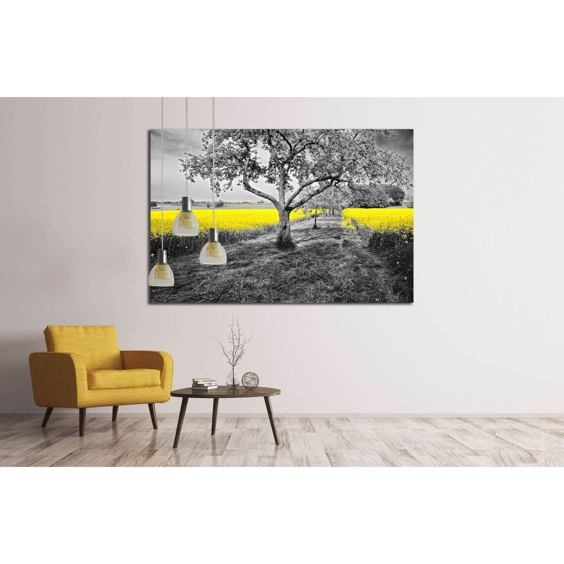 Artistic Tree in Field Canvas Art for Contemporary Office SpacesThis canvas print displays a striking black and white image of an old tree with a vivid yellow rapeseed field in the background, a selective color technique that adds a modern twist to any ro