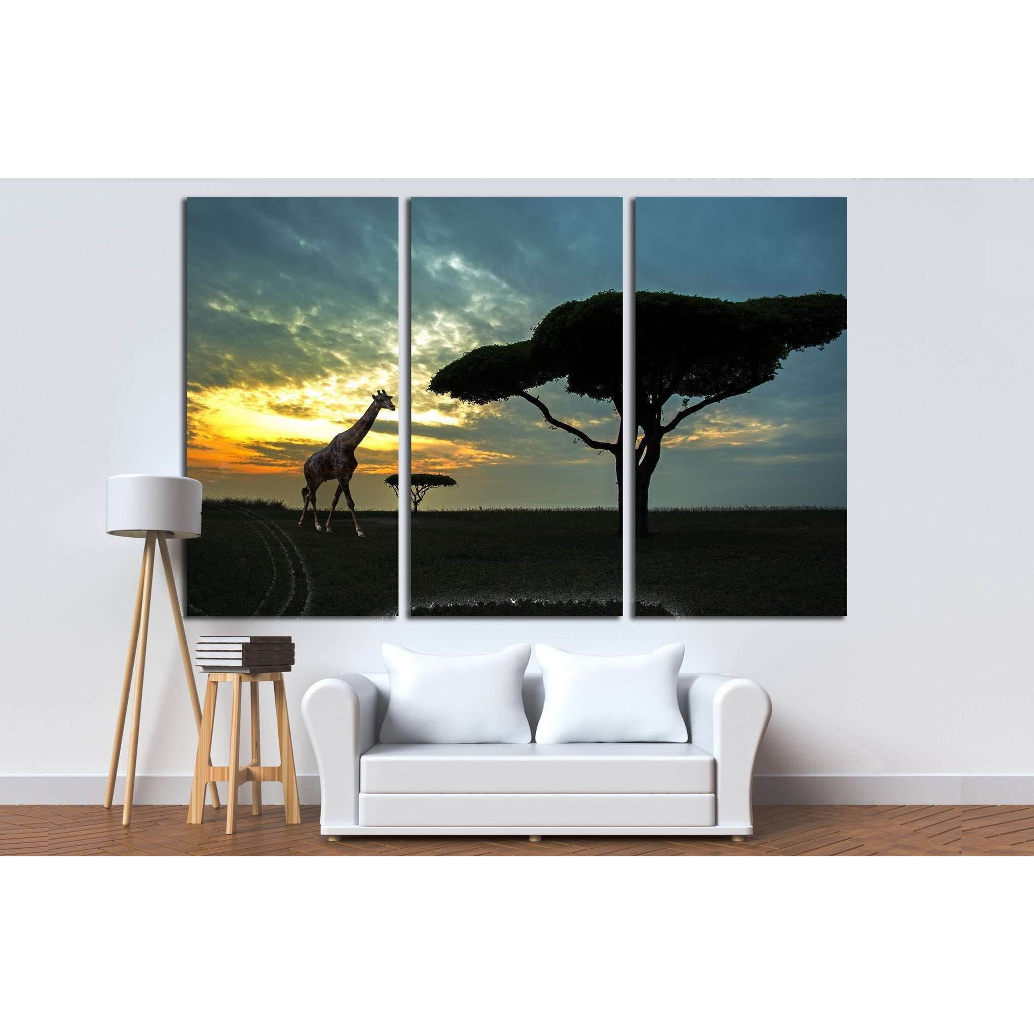 Silhouette of African safari scene with animals №1827 Ready to Hang Canvas Print