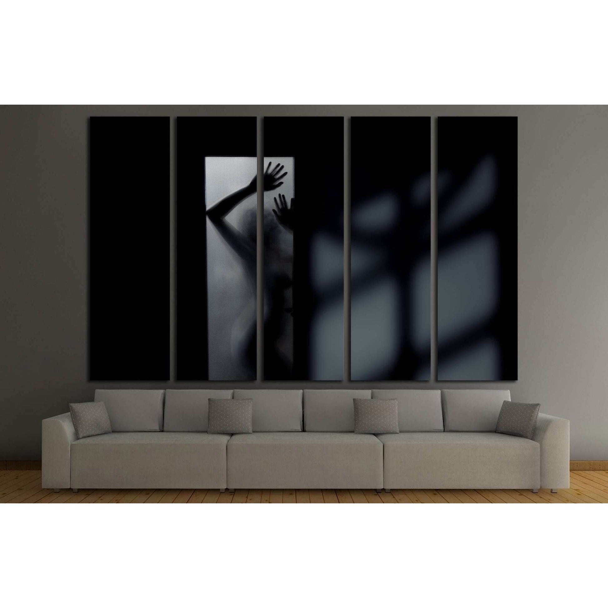 Silhouette of the sexy woman behind the glass door. Interior with deep shadows №2771 Ready to Hang Canvas PrintCanvas art arrives ready to hang, with hanging accessories included and no additional framing required. Every canvas print is hand-crafted, made