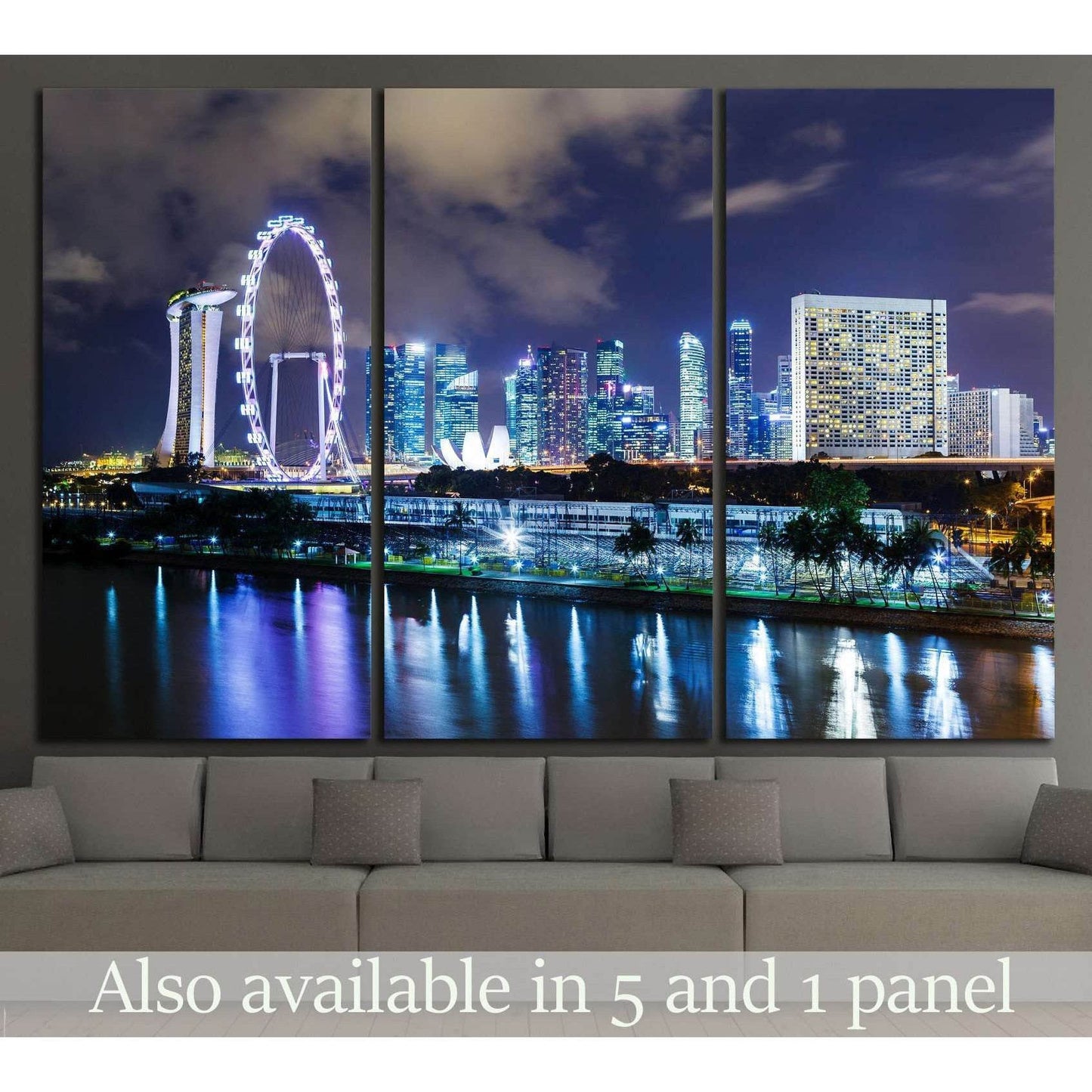 Singapore skyline canvas print with Marina Bay Sands and Singapore Flyer above a sofa
