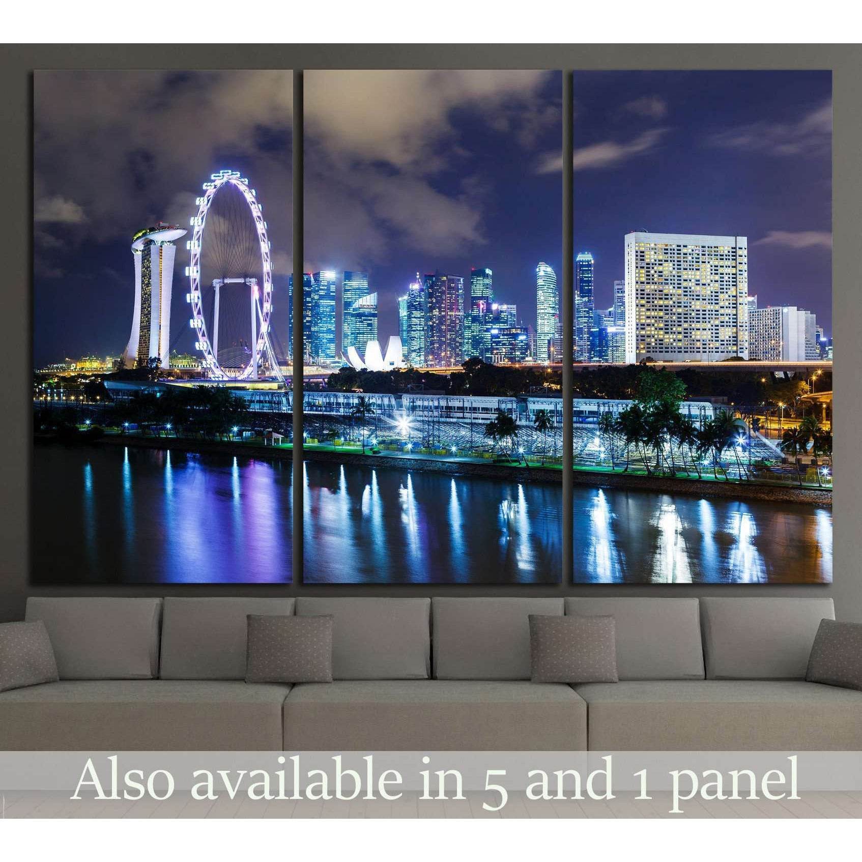 Singapore skyline canvas print with Marina Bay Sands and Singapore Flyer above a sofa