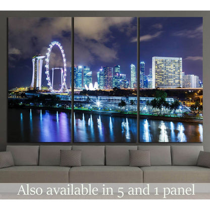 Singapore skyline canvas print with Marina Bay Sands and Singapore Flyer above a sofa